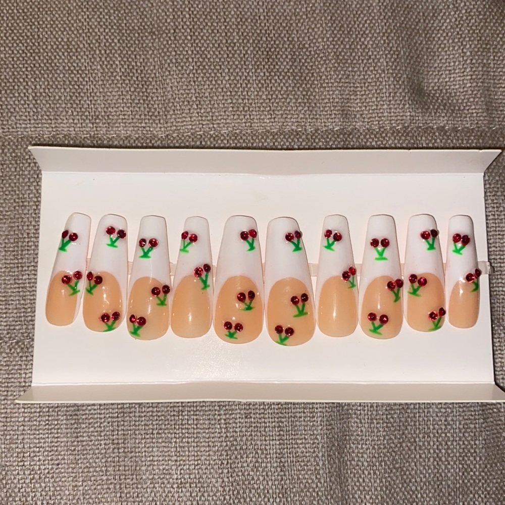 Cherry bling long coffin nails